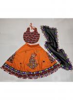 Art Silk Orange Navratri Wear Kutchi Work Readymade Kids Lehenga Choli